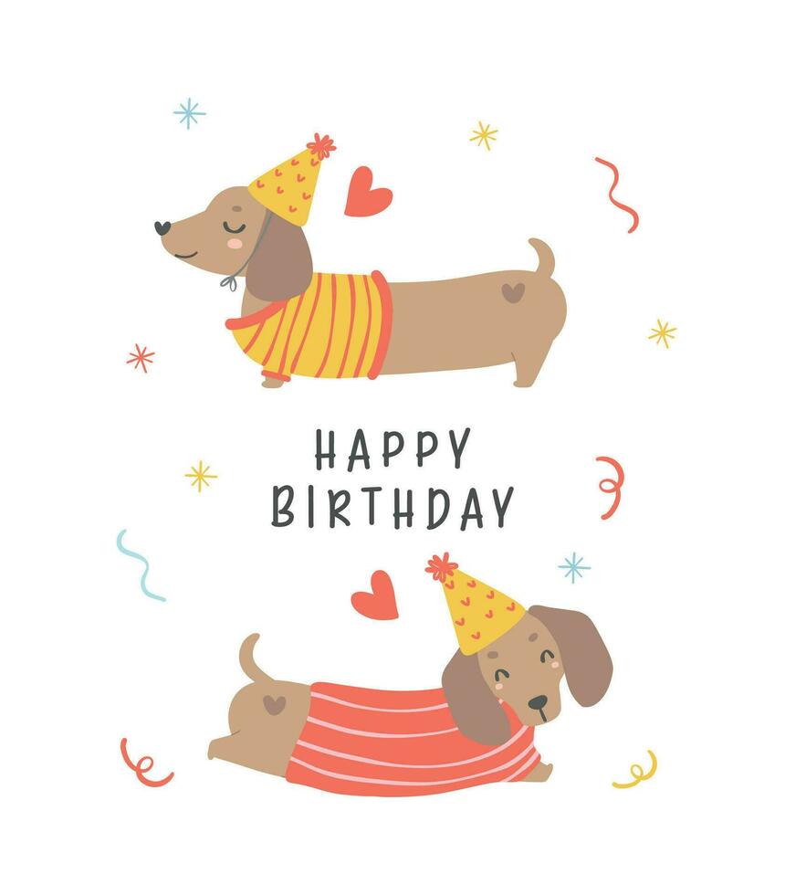 linda cumpleaños tarjeta con perro tejonero perros vestir fiesta sombrero. kawaii saludo tarjeta dibujos animados mano dibujo plano diseño gráfico ilustración. vector