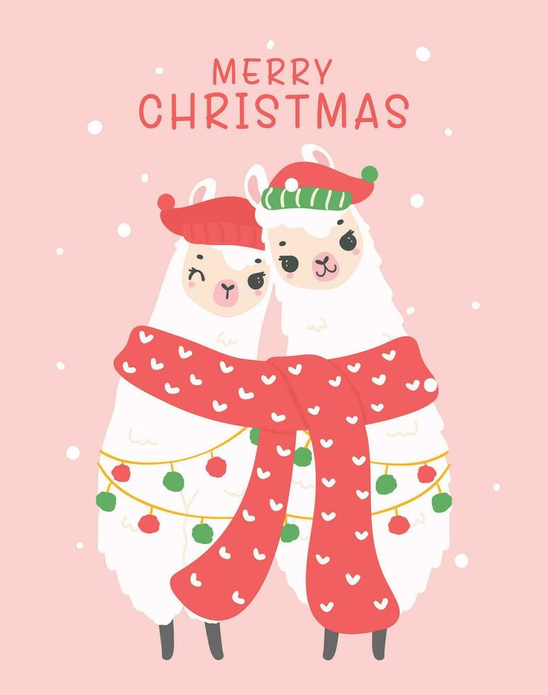 cute Christmas llamas winter theme cartoon hand drawing for festive card illustration vector