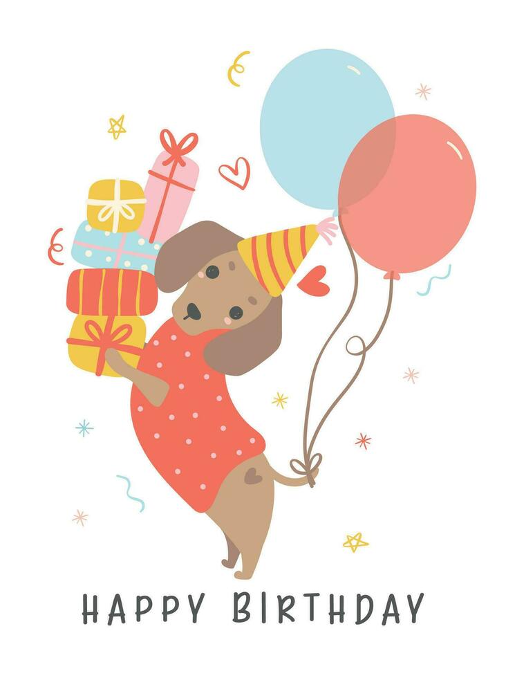 Happy Birthday Dachshund Puppy with balloon and stack gift boxes. Cute Kawaii Animal Cartoon Illustration. vector