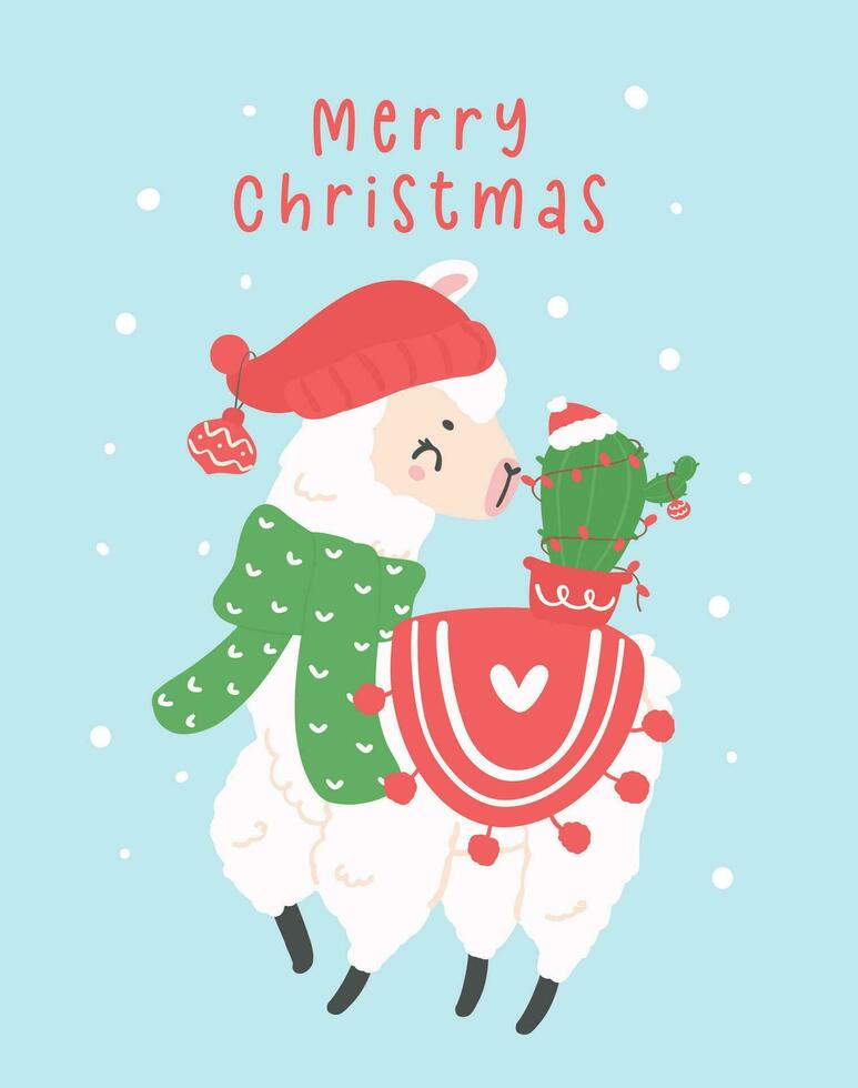 cute Christmas llama with cactus greeting card in winter theme cartoon hand drawing illustration vector