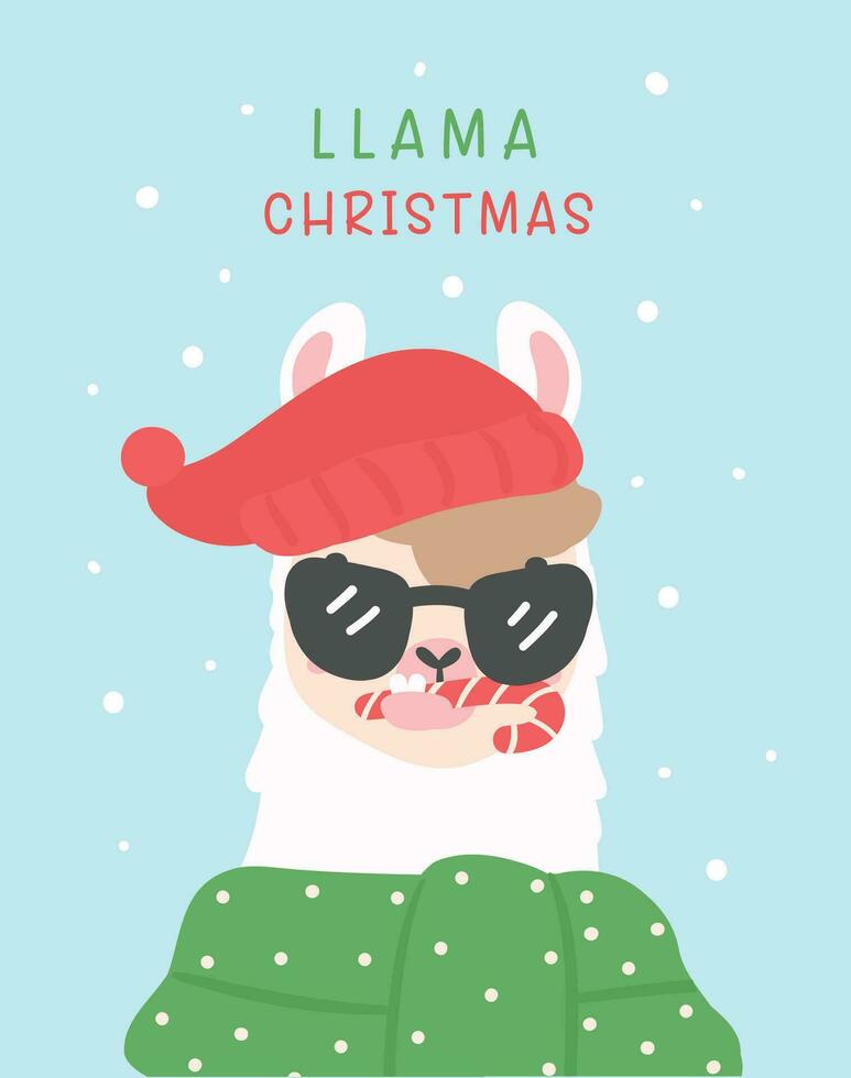 cute Christmas llama winter theme cartoon hand drawing for festive card illustration vector