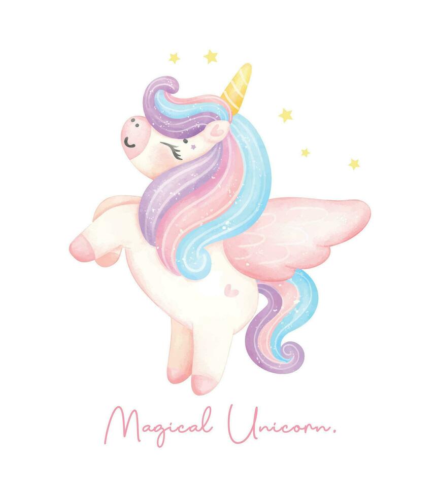 linda unicornio con ala mágico poni acuarela soñador guardería Arte ilustración. mágico unicornio. vector