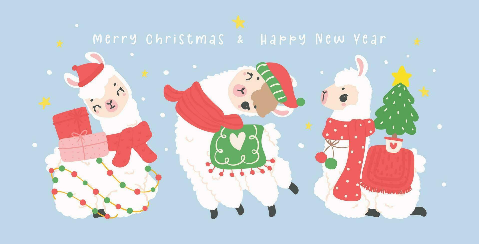 Cute Christmas llamas greeting card banner in winter theme, kawaii Happy New Year cartoon Animal hand drawing illustration vector