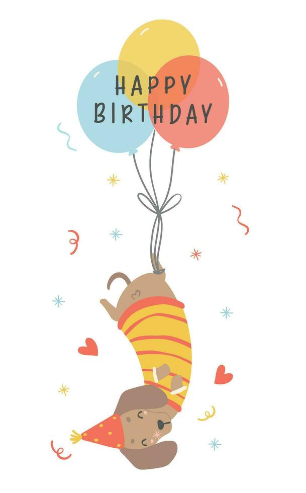 Cute Birthday card with Dachshund Dogs wear party hat, hanging from balloons. Kawaii greeting card cartoon hand drawing flat design graphic illustration. vector