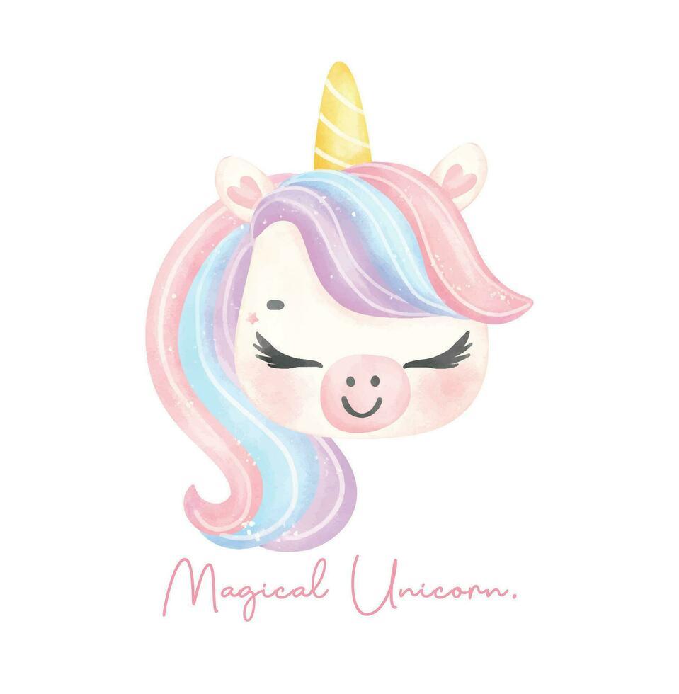 Cute unicorn face watercolor dreamy nursery Art illustration. Magical Unicorn. vector