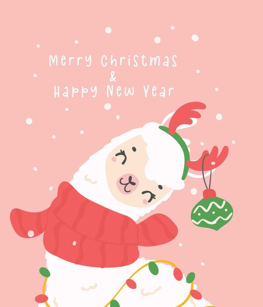 cute Christmas llama, Valentine Llama greeting card in winter theme, kawaii cartoon hand drawing illustration vector