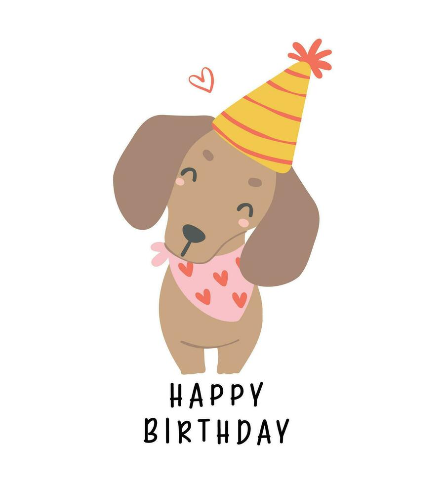 Cute Birthday card with Dachshund sausage Dog with party hat. Kawaii greeting card cartoon hand drawing flat design graphic illustration vector
