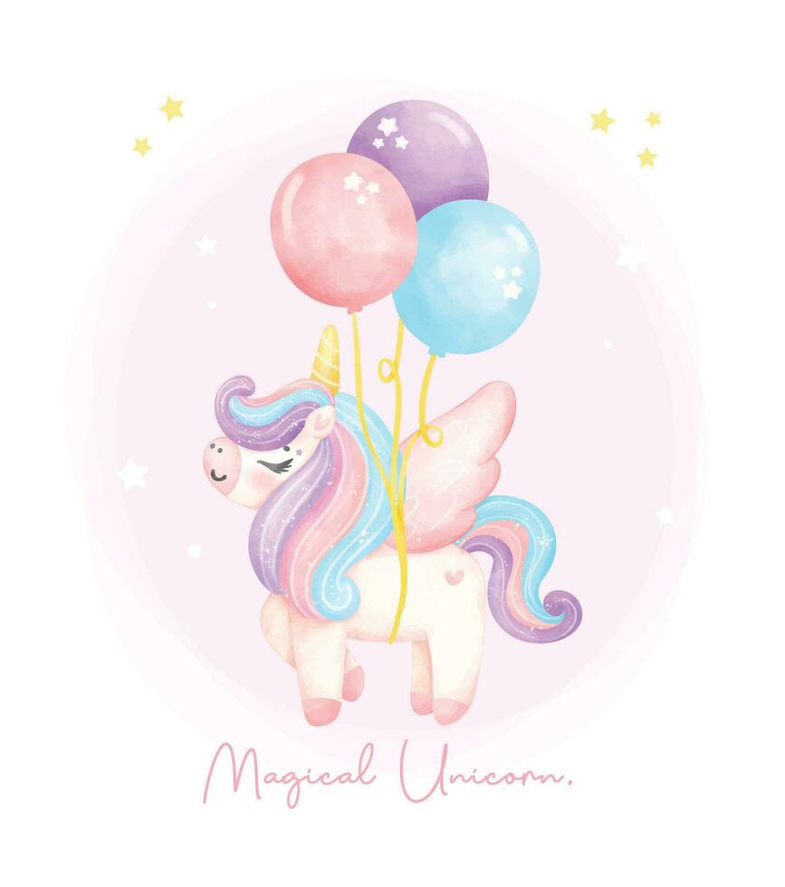 linda unicornio con ala flotante por globos acuarela guardería Arte ilustración. mágico unicornio. vector