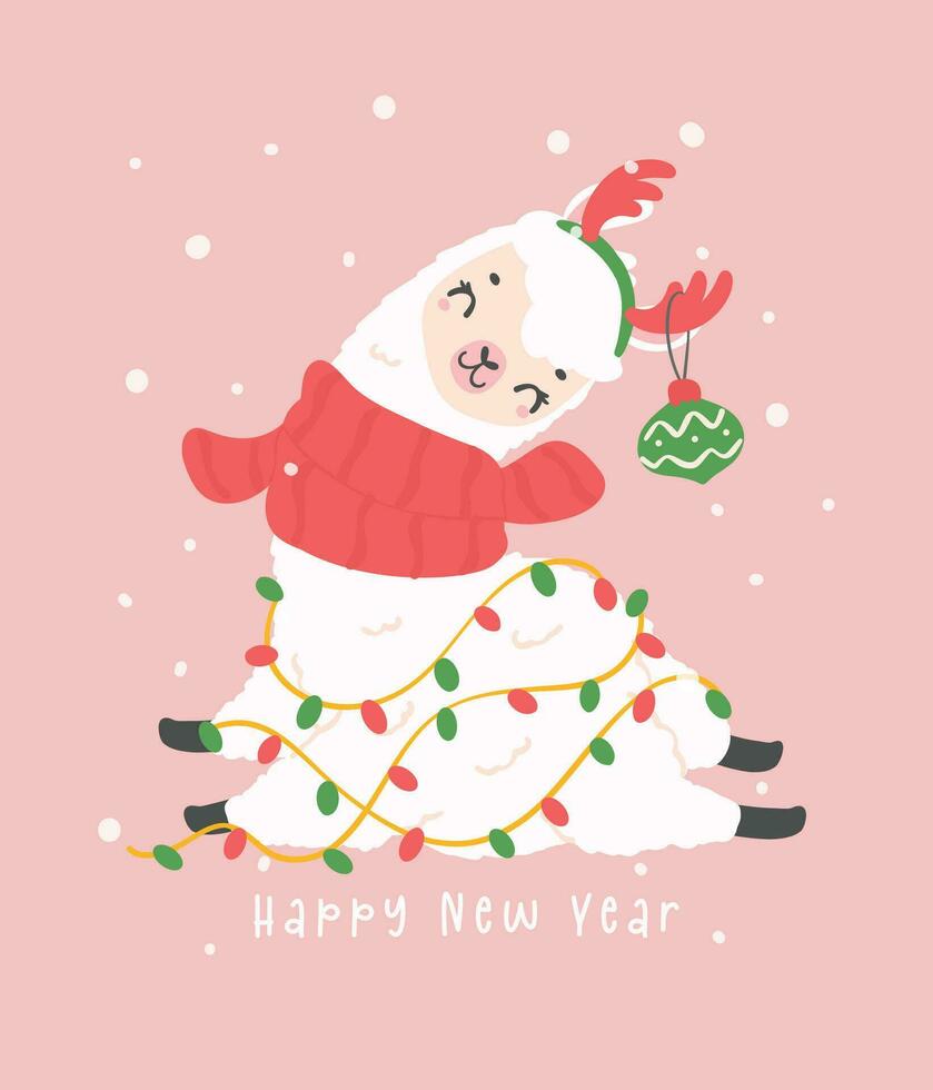 linda Navidad llama, enamorado llama saludo tarjeta en invierno tema, kawaii dibujos animados mano dibujo ilustración vector