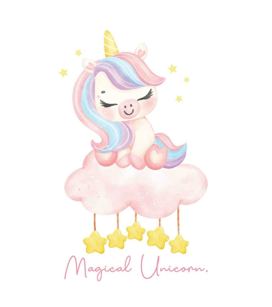 linda unicornio sentado en nube acuarela soñador guardería Arte ilustración. mágico unicornio. vector