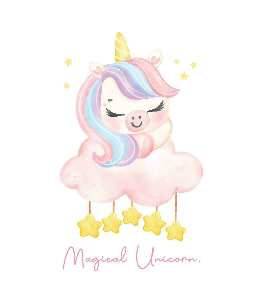 linda unicornio dormido en nube acuarela soñador guardería Arte ilustración. mágico unicornio. vector