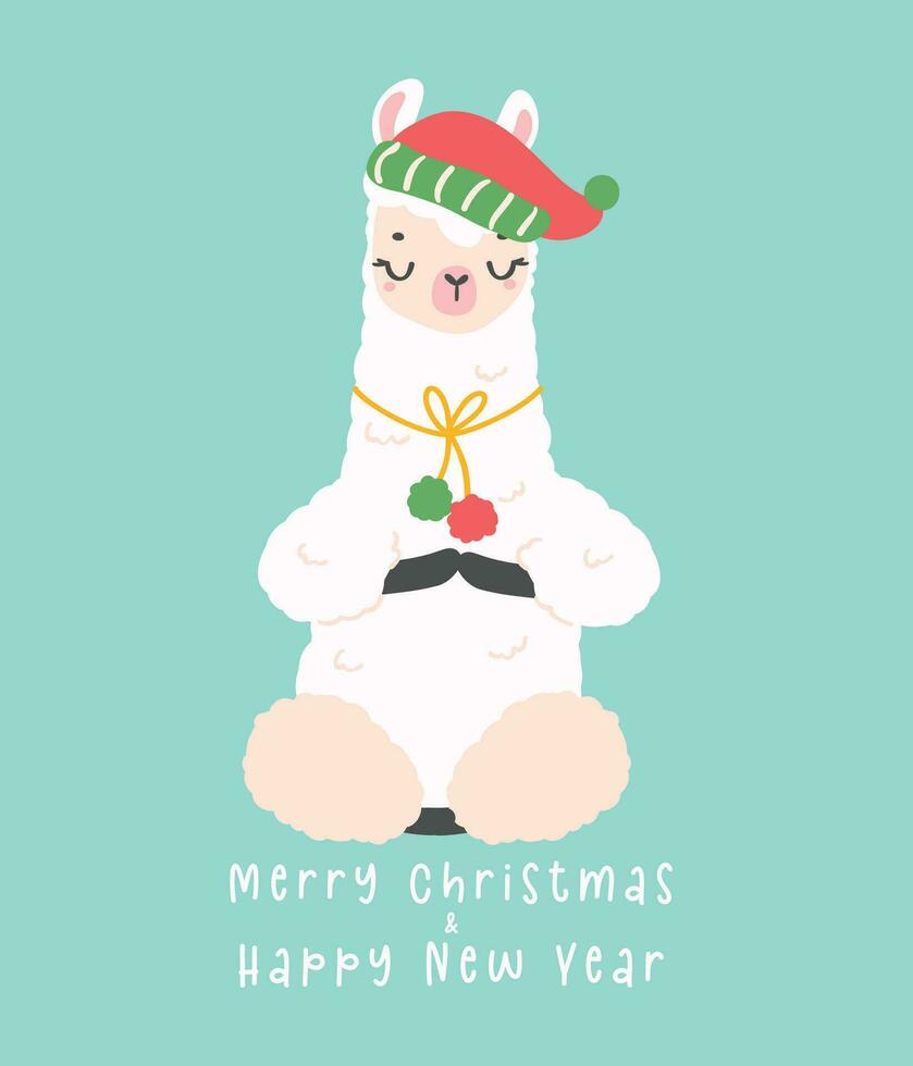Cute Christmas llama doing meditation greeting card in winter theme, kawaii Happy New Year cartoon Animal hand drawing illustration vector