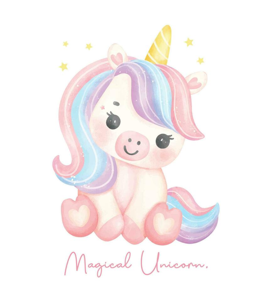 linda unicornio sentado acuarela soñador guardería Arte ilustración. mágico unicornio. vector