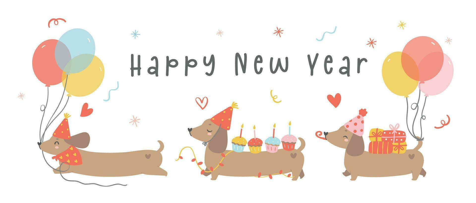 linda contento nuevo año tarjeta bandera con perro tejonero salchicha perros fiesta. kawaii saludo tarjeta dibujos animados mano dibujo plano diseño gráfico ilustración. vector