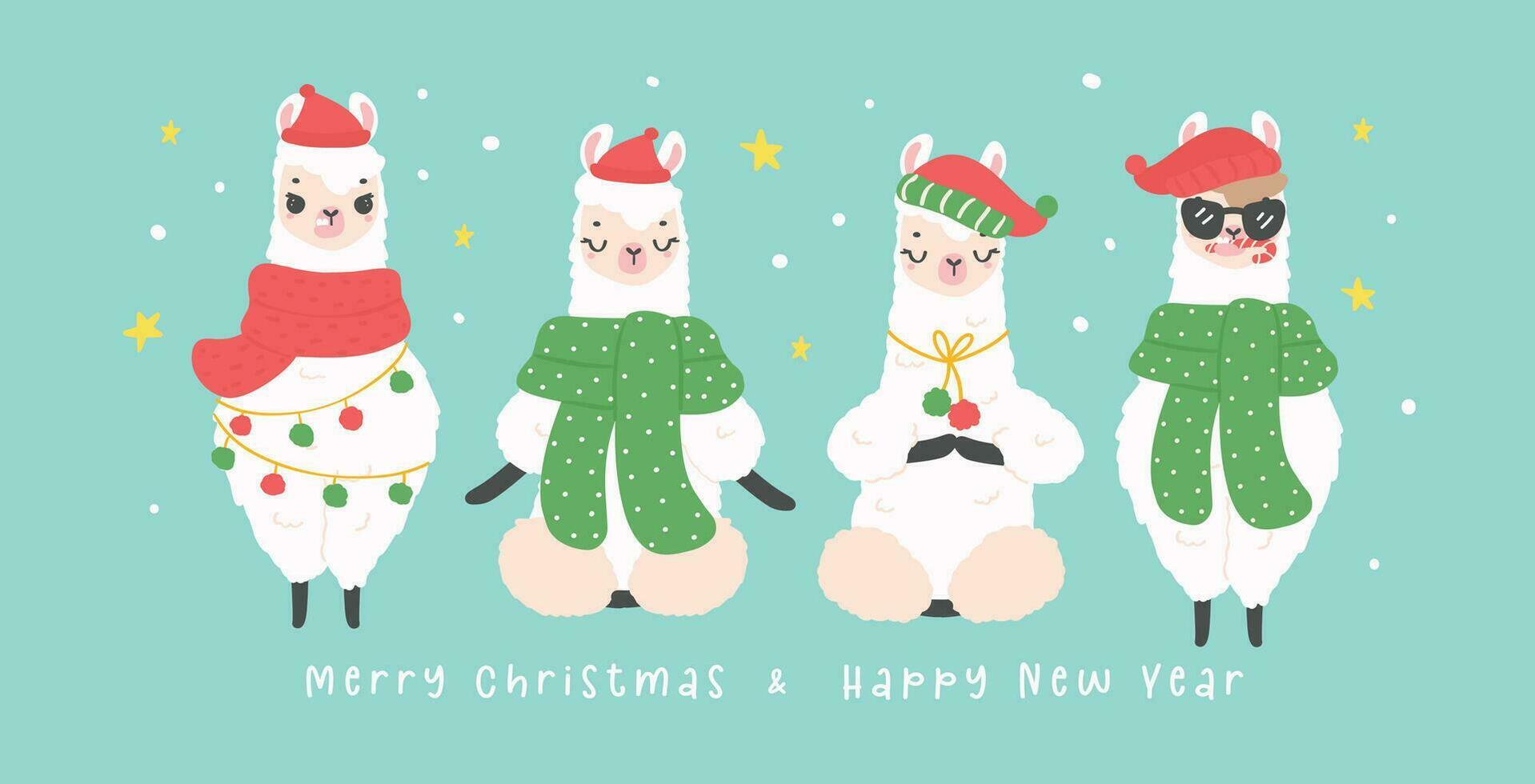 Cute Christmas llamas with hat greeting card banner in winter theme, kawaii Happy New Year cartoon Animal hand drawing illustration vector