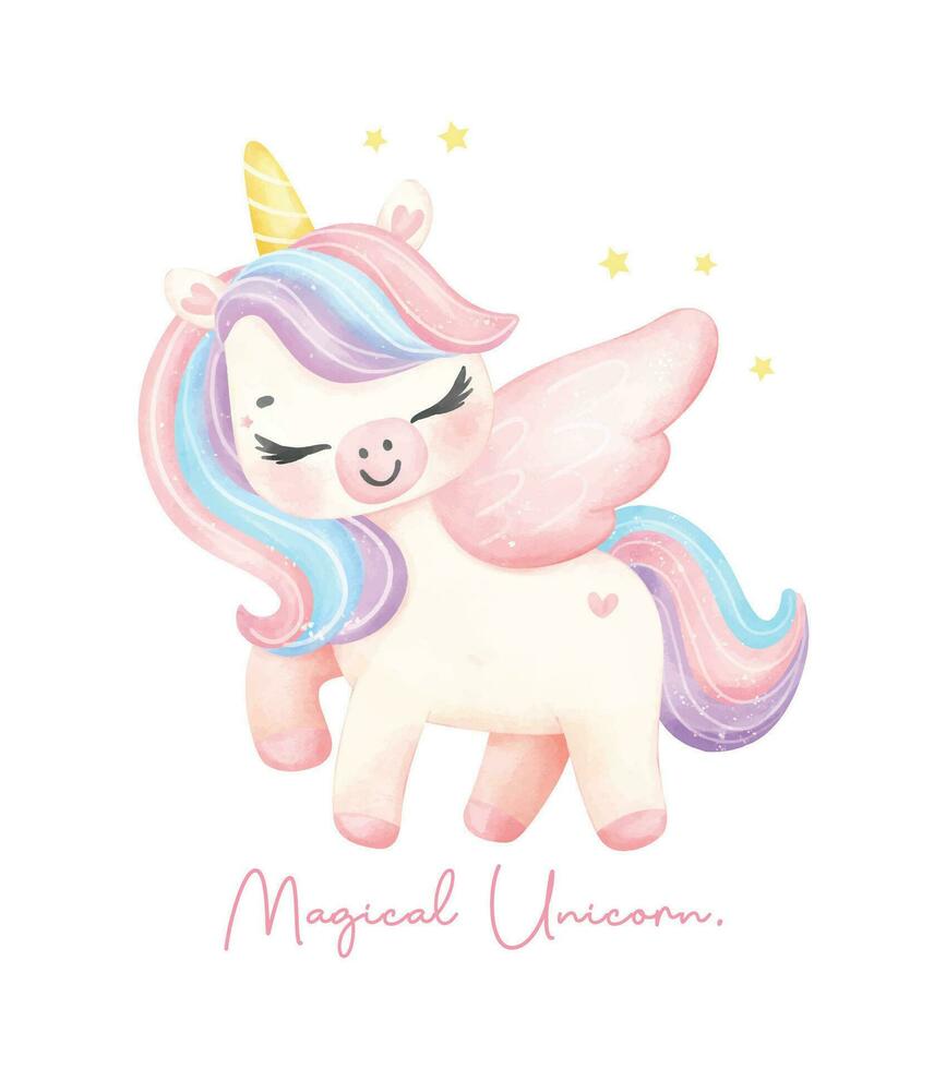 linda unicornio con ala mágico poni acuarela soñador guardería Arte ilustración. mágico unicornio. vector