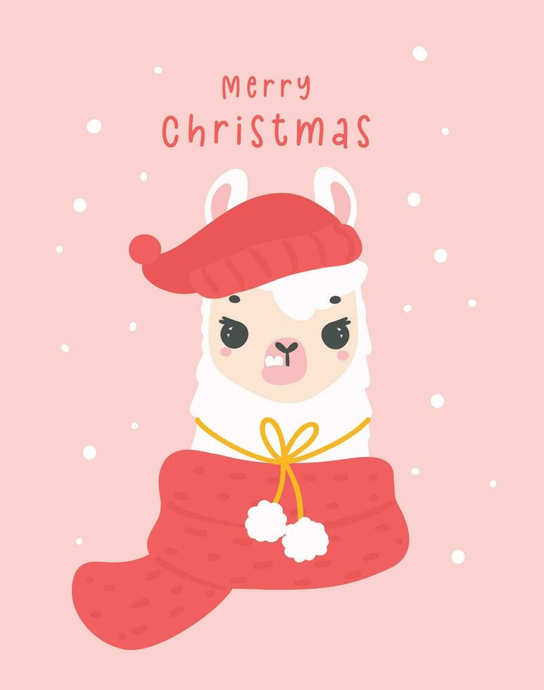 cute Christmas llama greeting card in winter theme cartoon hand drawing illustration vector