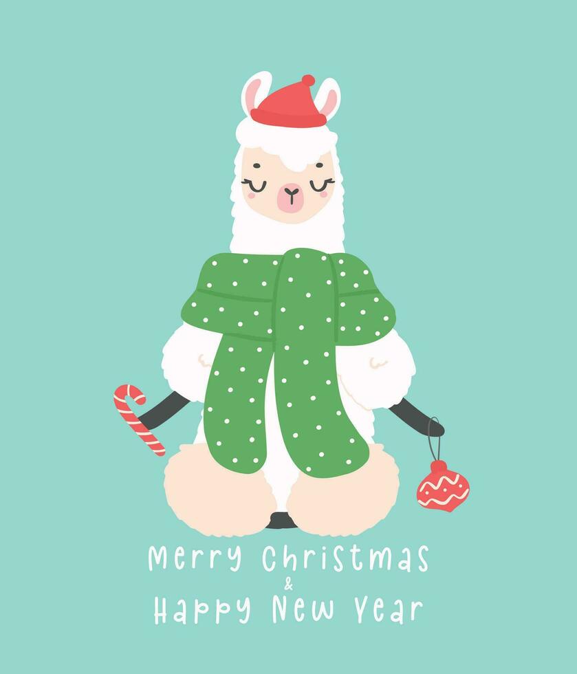 Cute Christmas llama doing meditation greeting card in winter theme, kawaii Happy New Year cartoon Animal hand drawing illustration vector