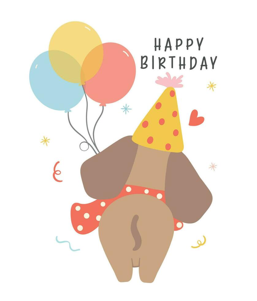 Cute Birthday card with Dachshund Dog Wearing Party Hat with balloons.  Kawaii greeting card cartoon hand drawing flat design graphic illustration. vector