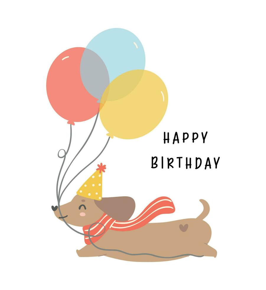 Cute Birthday Dachshund sausage Dog Wearing Party Hat and having balloons, celebrating party. Kawaii greeting card cartoon hand drawing flat design. vector
