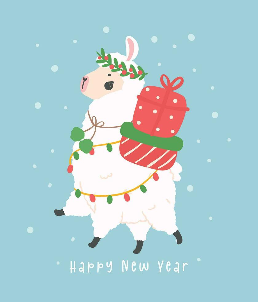 cute Christmas llama, Valentine Llama greeting card in winter theme, kawaii cartoon hand drawing illustration vector