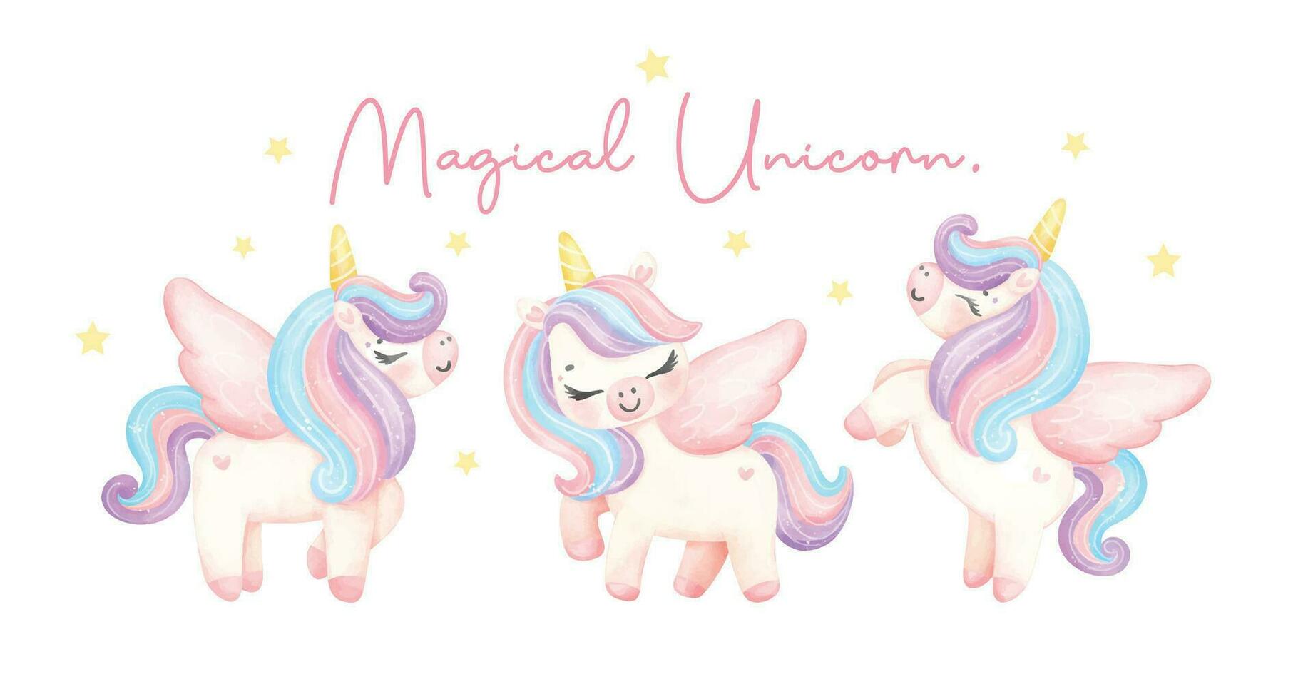 group of Cute unicorns watercolor banner, dreamy nursery Art illustration. Magical Unicorn. vector