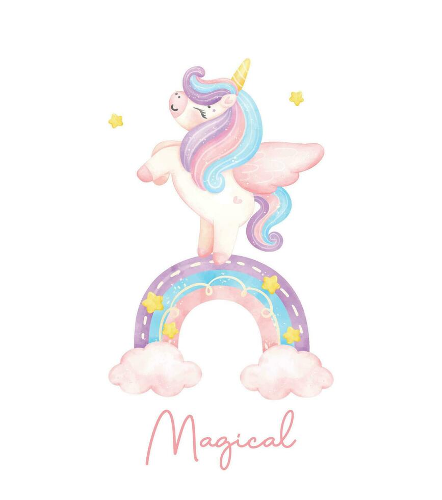 Cute magical pink unicorn with rainbow watercolor nursery Art illustration. vector