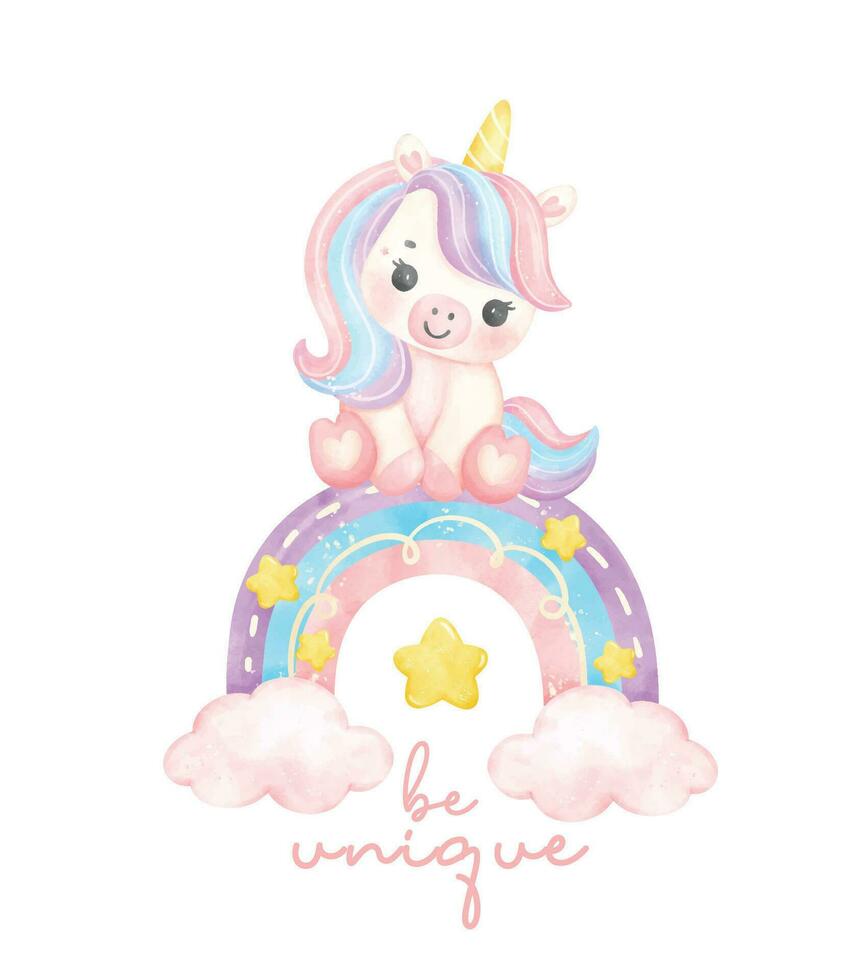 linda rosado unicornio con arco iris acuarela guardería Arte ilustración. ser único. vector