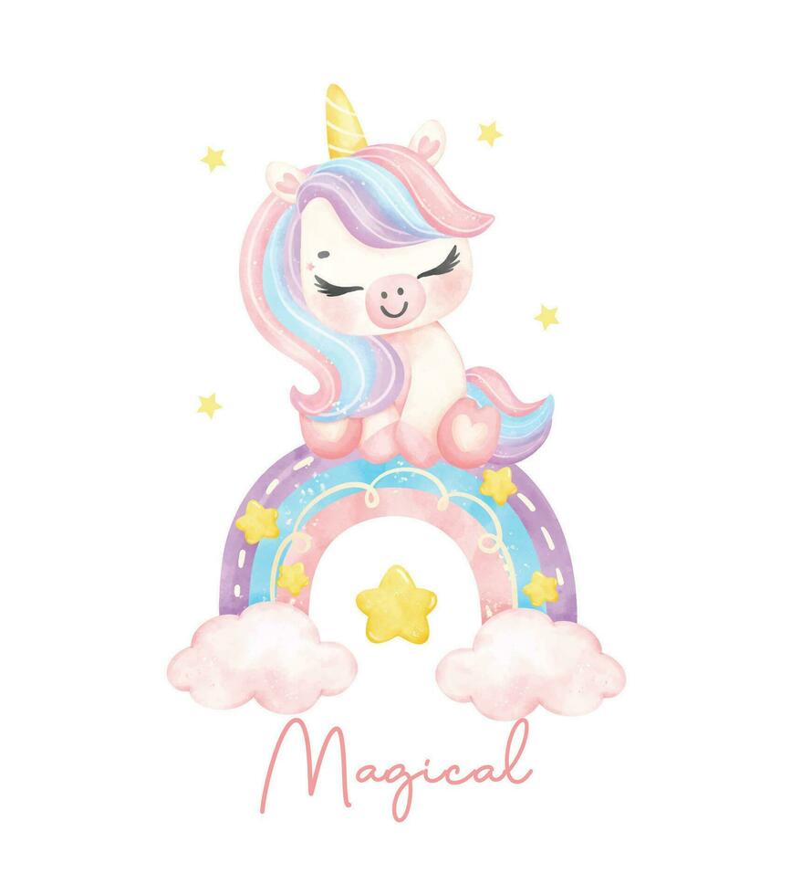 Cute pink unicorn with rainbow watercolor nursery Art illustration. Magical Unicorn. vector