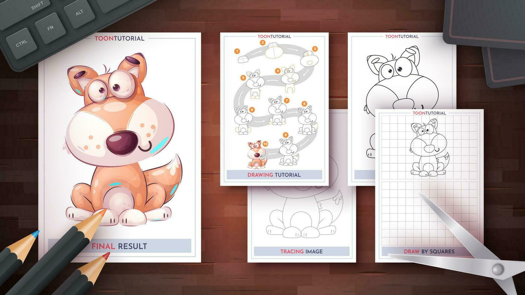 How to Draw a Fox. Step by Step Drawing Tutorial. Draw Guide. Simple Instruction. Coloring Page. Worksheets for Kids and Adults. vector