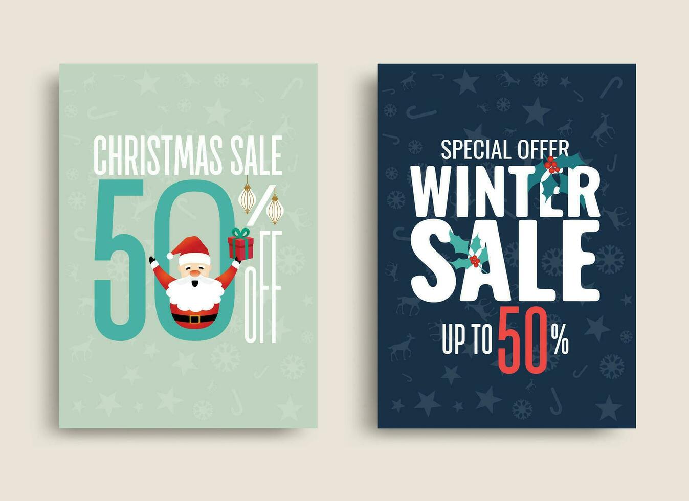 Winter and Christmas sale vector poster or banner set with discount text and Santa Claus elements in blue and green background for shopping promotion. Vector illustration.