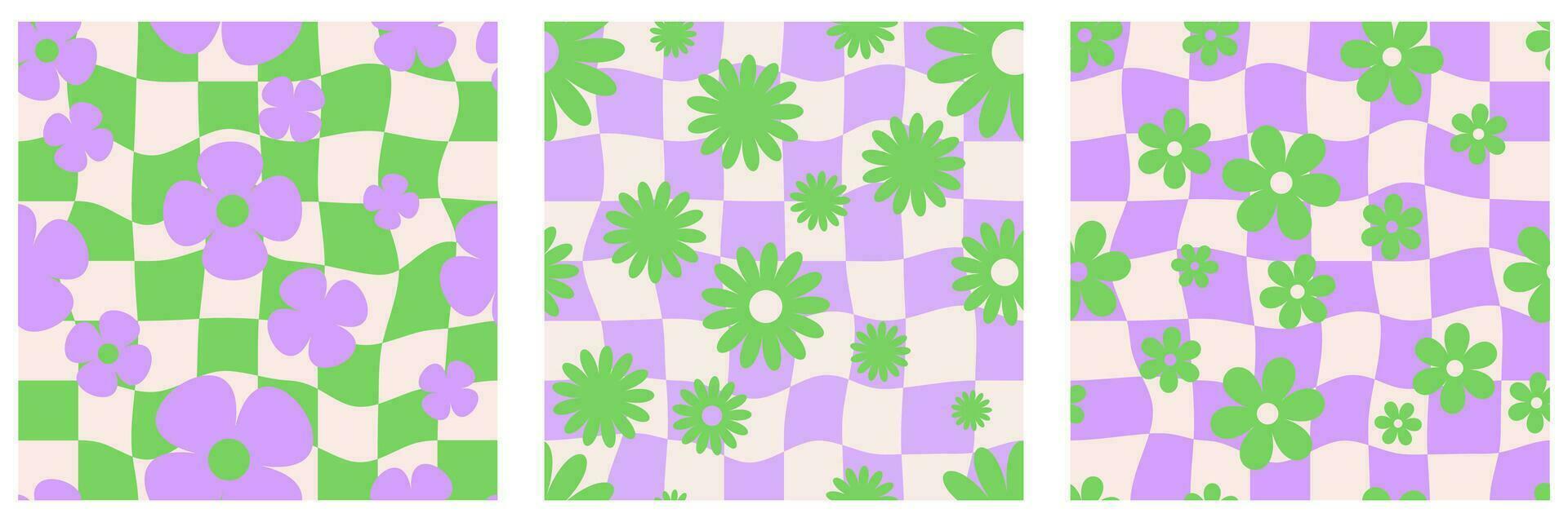 Y2k flower pattern. Groovy checkerboard with daisy. Seamless wavy floral backgrounds. Abstract vintage aesthetic funky wallpaper set. Vector cute trippy.
