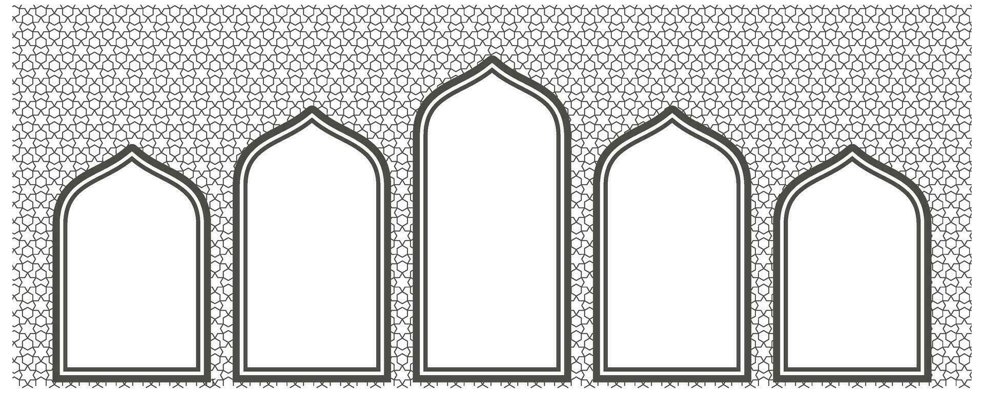 Ramadan windows on pattern wall. Doors and arches in arabic mosque. Arabesque ornament on white background. Interior decoration. Vector illustration