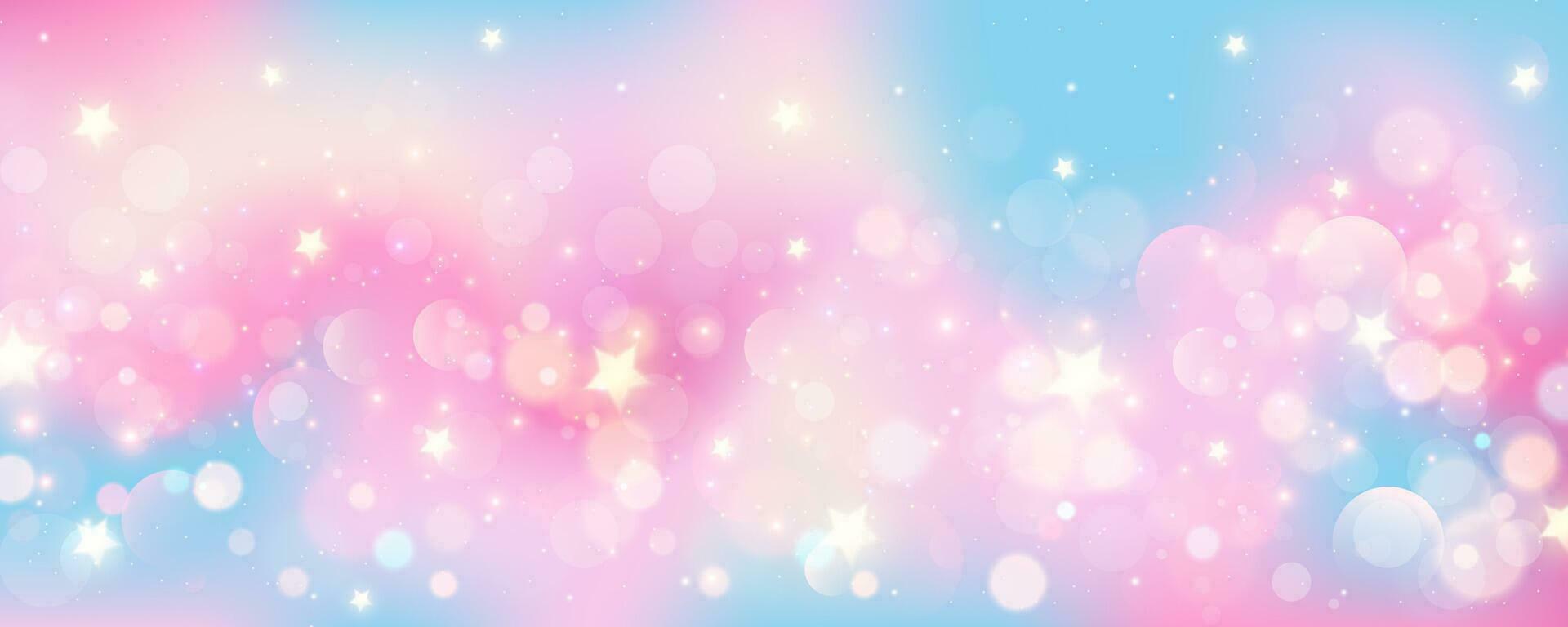 Pink and blue wavy fluid background with stars and bokeh. Abstract light blurred vector design. Soft rose sky. Pastel gradient romantic wallpaper