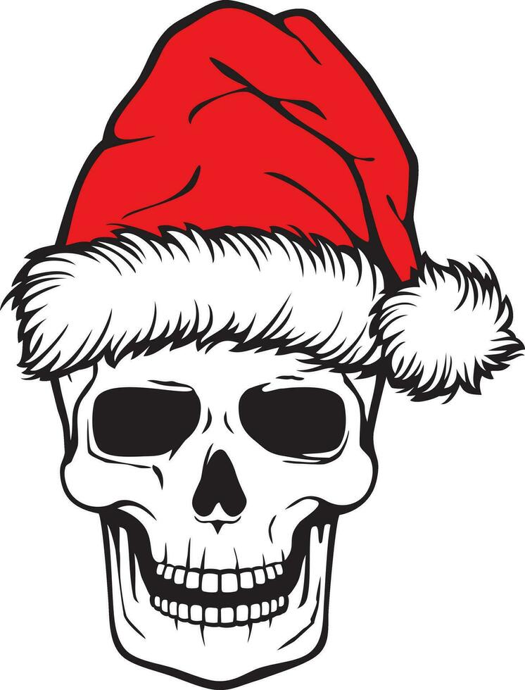 Christmas Human Skull with Santa Hat Color. Vector Illustration.