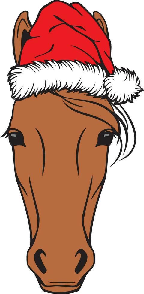 Christmas Horse Head with Santa Hat Color. Vector Illustration.