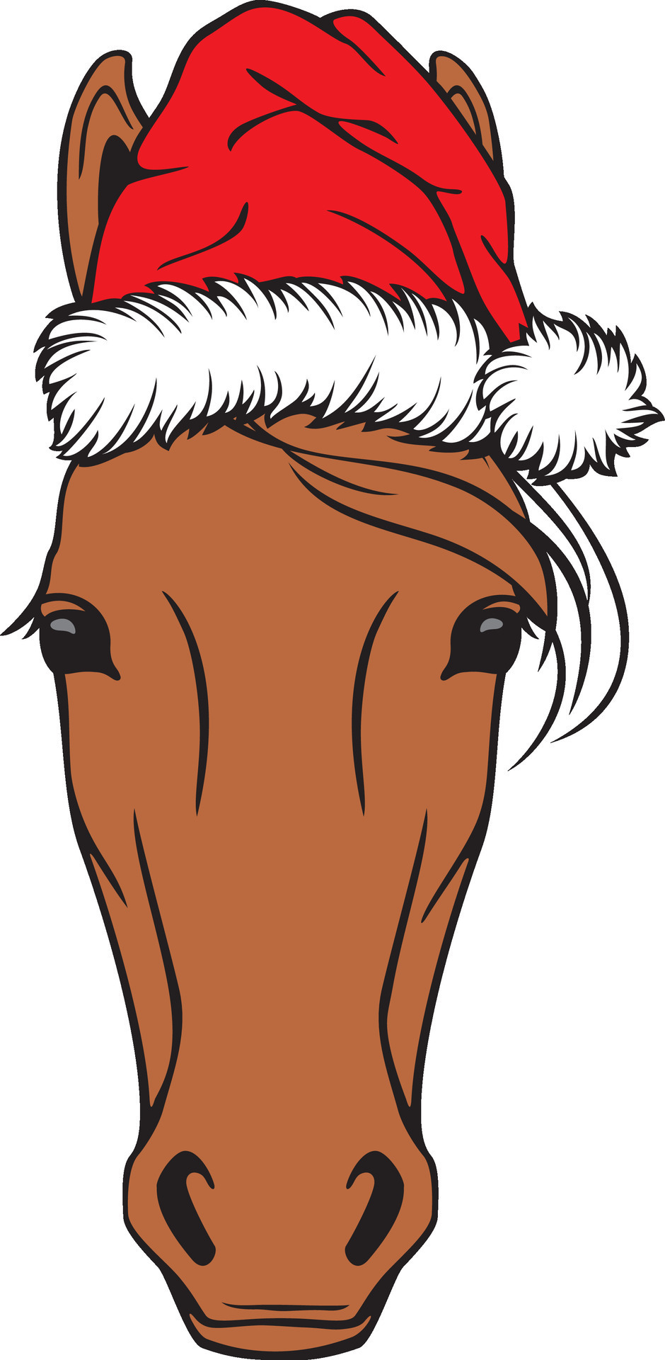 Christmas Horse Head with Santa Hat Color. Vector Illustration