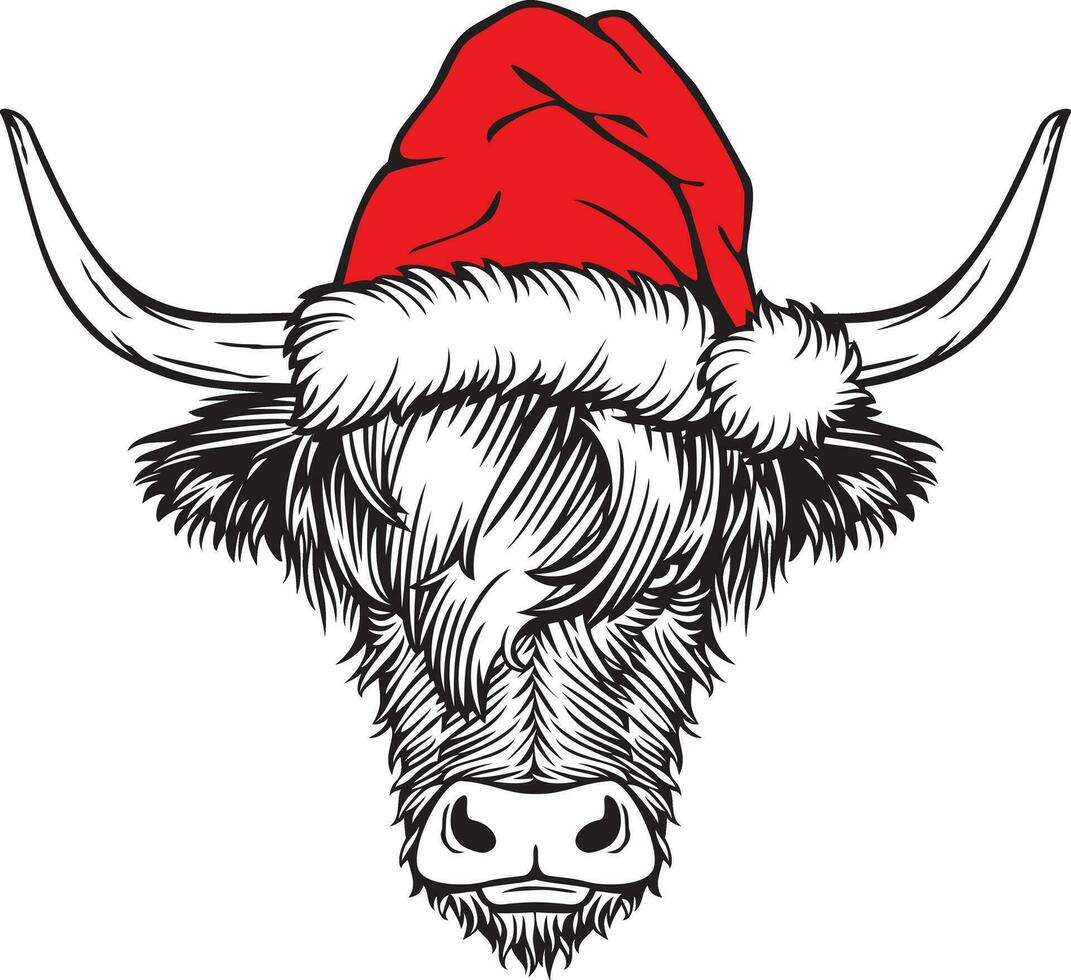 Christmas Highland Cow with Santa Hat.  Scottish Cattle Color. Vector Illustration.