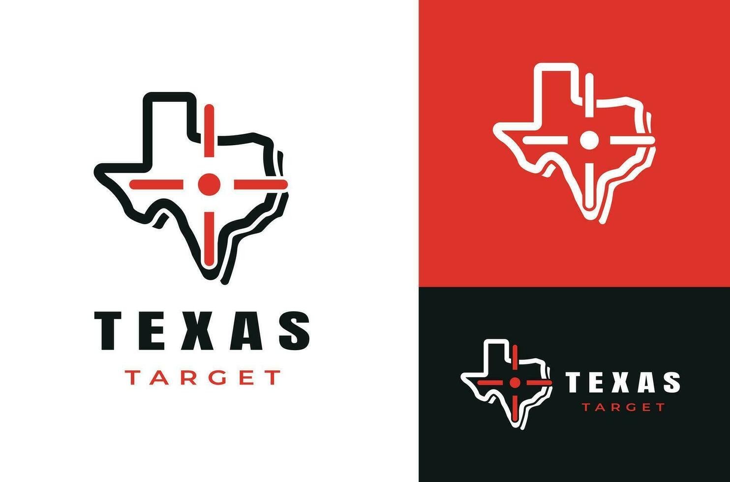 Texas Map Inspiration Line Symbol with Gun Sight Target Aim Icon in Red in the Center vector on Red White and Black background