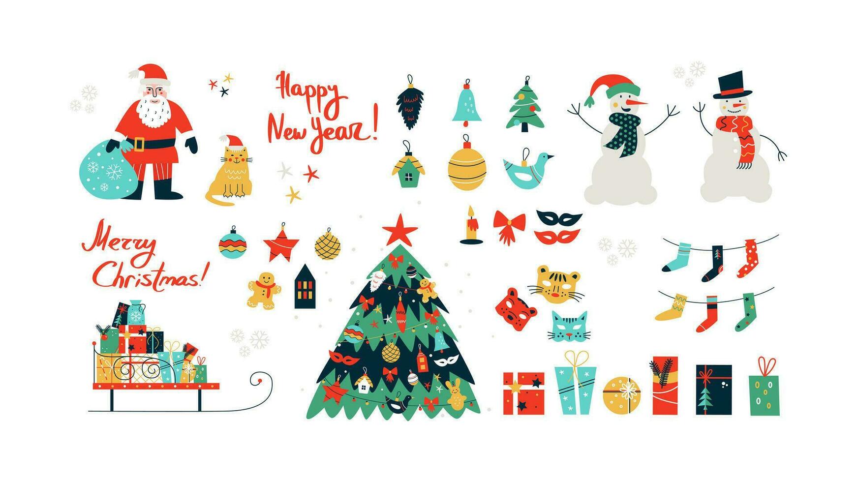 Vector illustration with cute Christmas set. Hand written Happy New Year and Merry Christmas. Bright colors design.