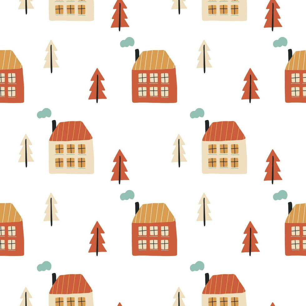 Hand drawn village with cute houses and trees, seamless vector pattern. Colorful cozy buildings with smoke from the chimney.