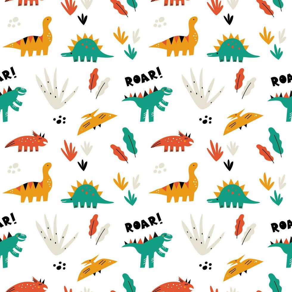 Vector seamless pattern with cute dinosaurs and plants. Modern design for fabric and paper, surface textures. Bold colors design on white background.