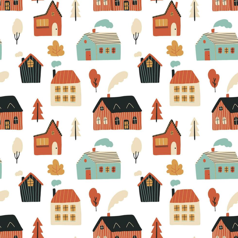 Hand drawn village with cute houses and trees, seamless vector pattern. Colorful cozy buildings with smoke from the chimney on white background.