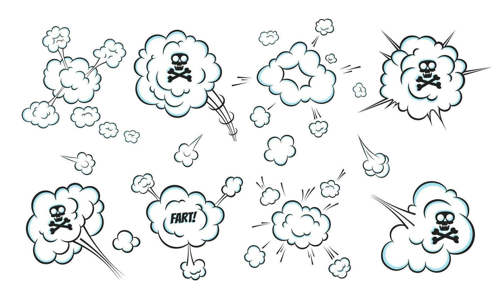 Smelling pop art comic book cartoon fart cloud flat style design vector illustration set.