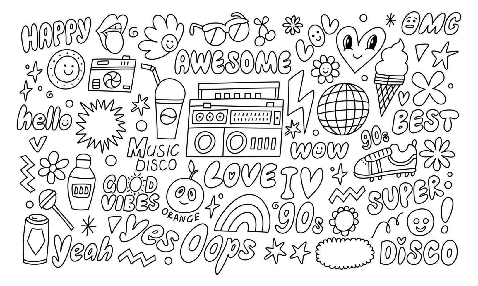 Hand drawing styles for retro items. Doodle set 90 s retro item. vector