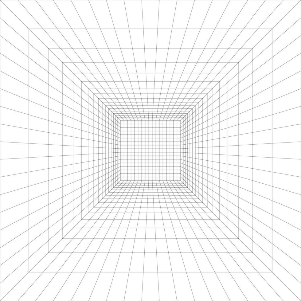 Room with 3D square wireframe grid. Hall, studio, portal in perspective. Cyberspace abstract background. Digital hallway space. Mesh in 3D dimension. Futuristic isometric net frame. Virtual reality. vector