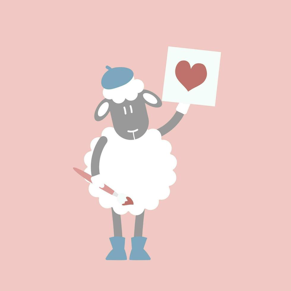 cute and lovely sheep holding paintbrush drawing heart shape on paper, happy valentine's day, love concept, flat vector illustration cartoon character costume design