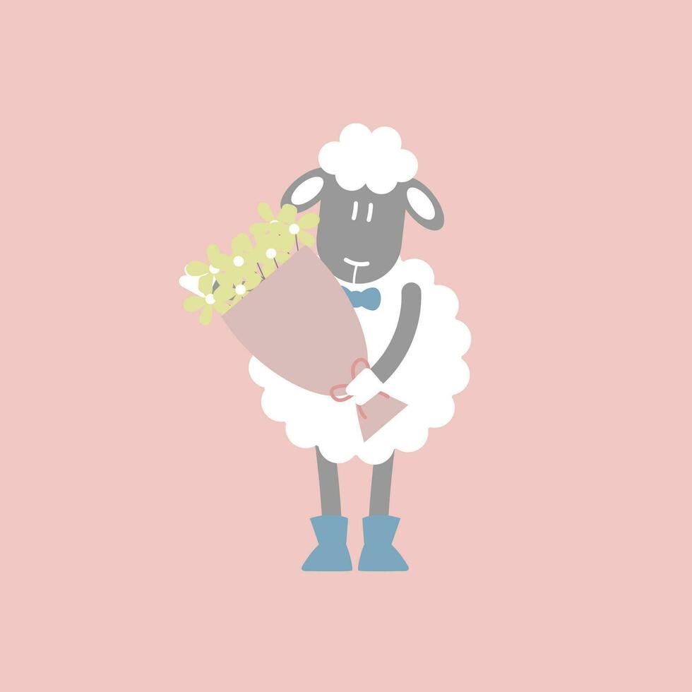 cute and lovely sheep holding flower, happy valentine's day, love concept, flat vector illustration cartoon character costume design