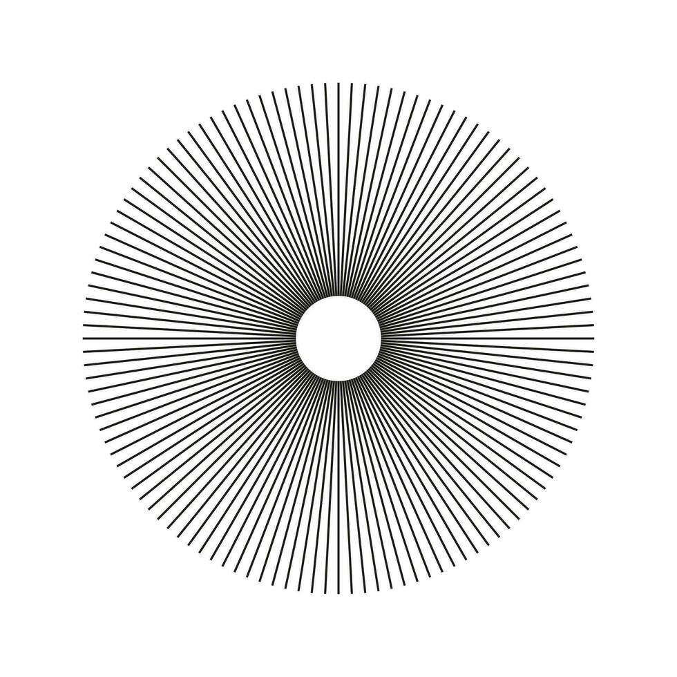 Radial circle lines. Geometric abstract element. Spokes radiating stripes. Design outline element. Circular simple radiating lines. Sun star rays icon. Illusion shape. Vector graphic illustration.