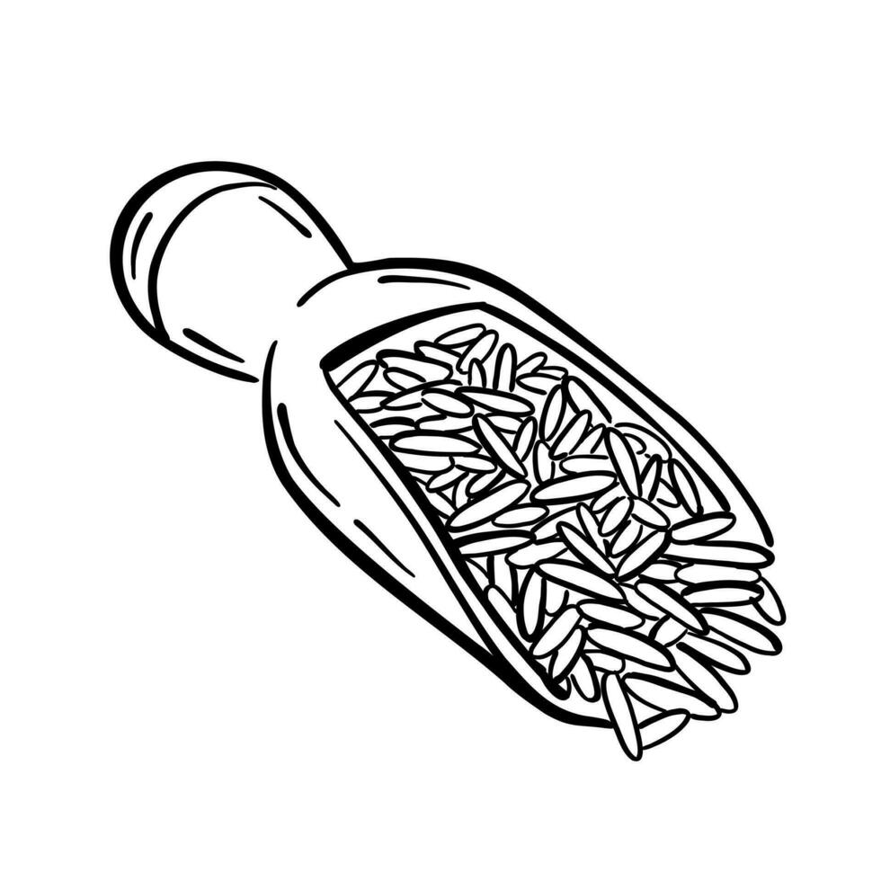 Rice in a scoop. Vector illustration in doodle style